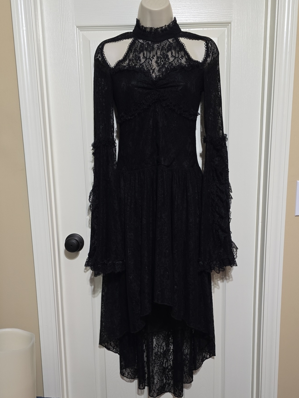 Dark In Love Black Lace High-Low Dress with Cutout Shoulders